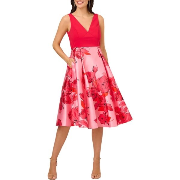 Adrianna Papell Womens Floral Print Knee Length Midi Dress