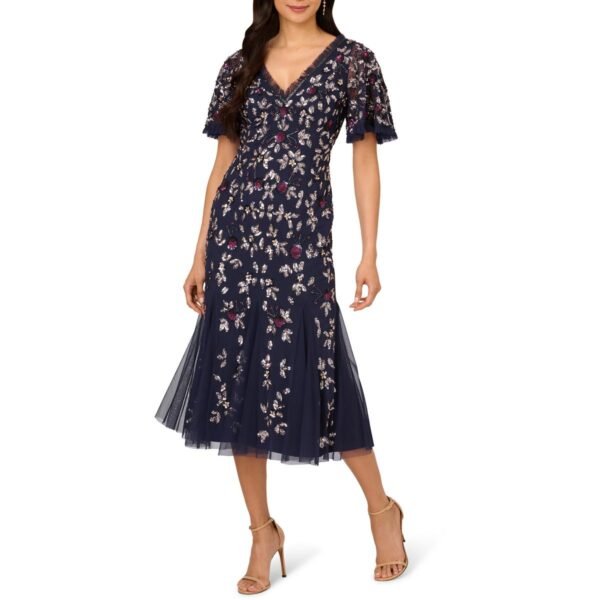 Adrianna Papell Womens Mesh V-Neck Midi Dress
