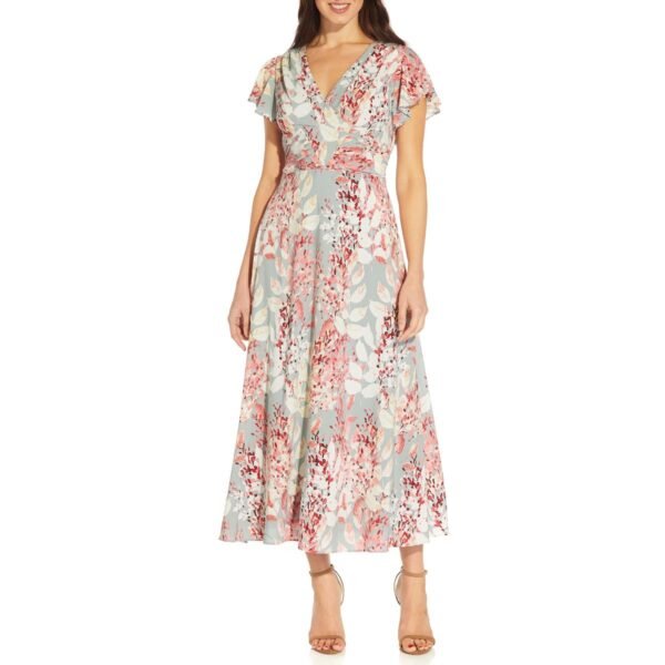 Adrianna Papell Womens Floral Belted Midi Dress