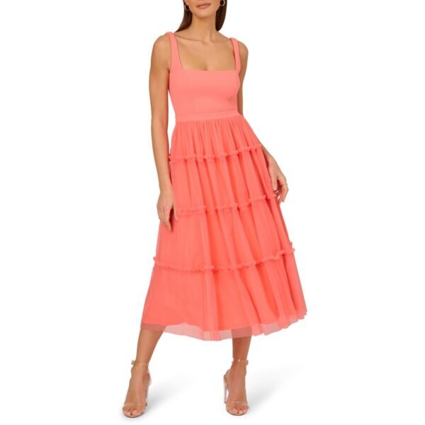 Adrianna Papell Womens Mesh Tiered Midi Dress